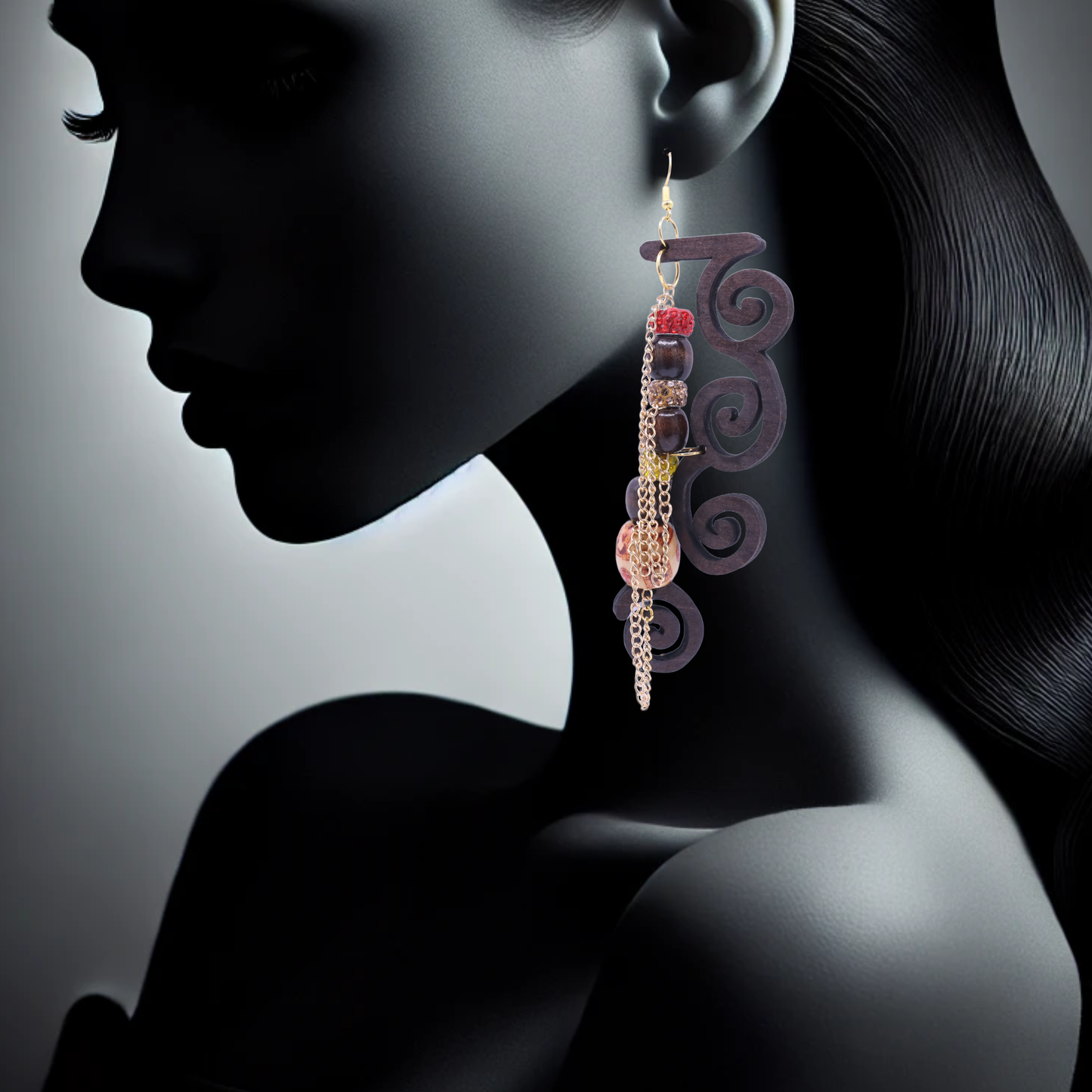 Coily wooden beaded earrings - E341-1