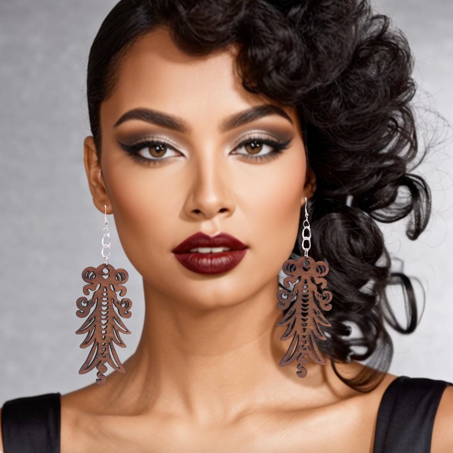 358–Power Angel – Ornate Wooden Statement Earrings