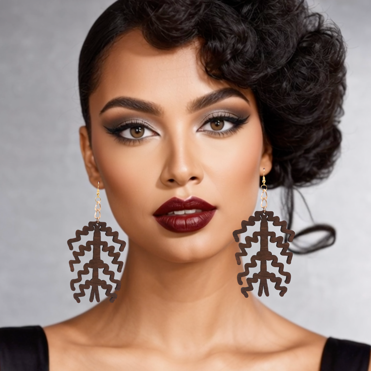 358–StormLeaf – Wooden Zigzag Leaf Statement Earrings