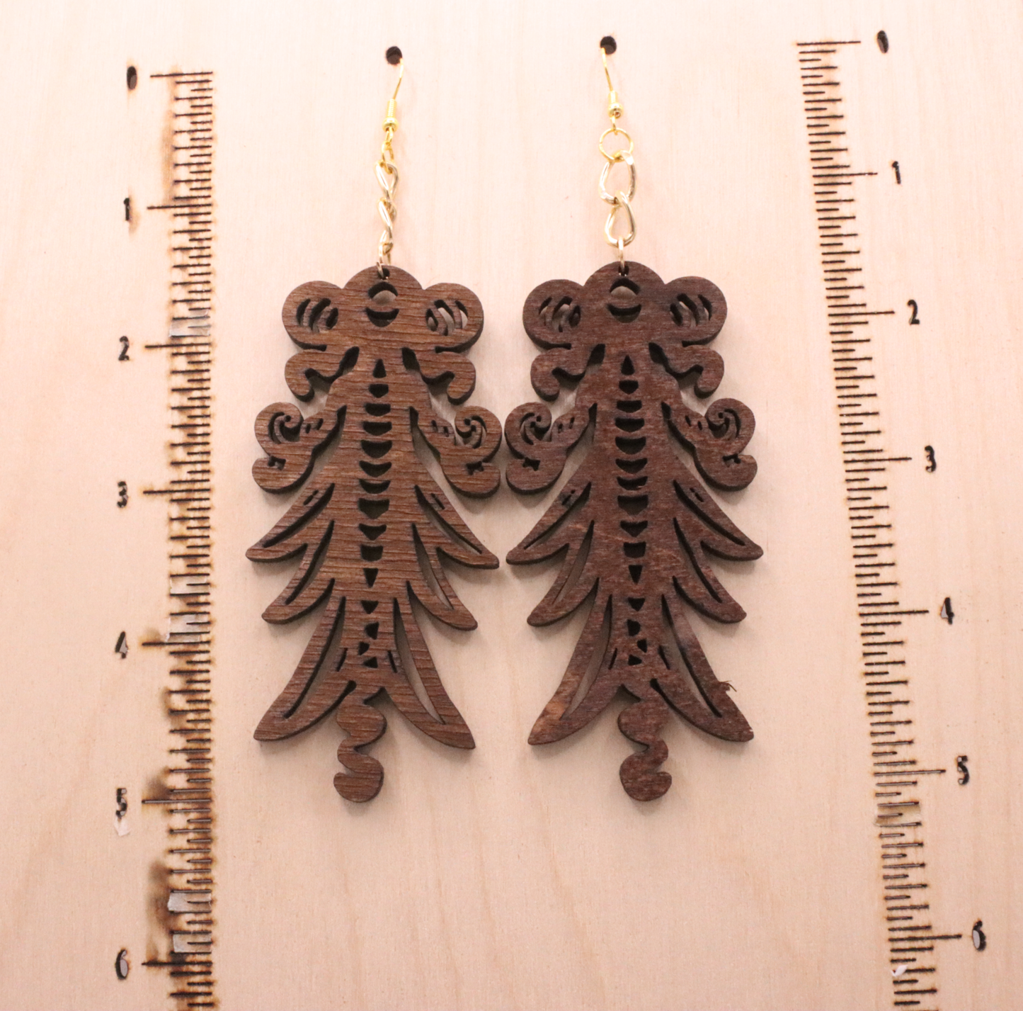 358–Power Angel – Ornate Wooden Statement Earrings