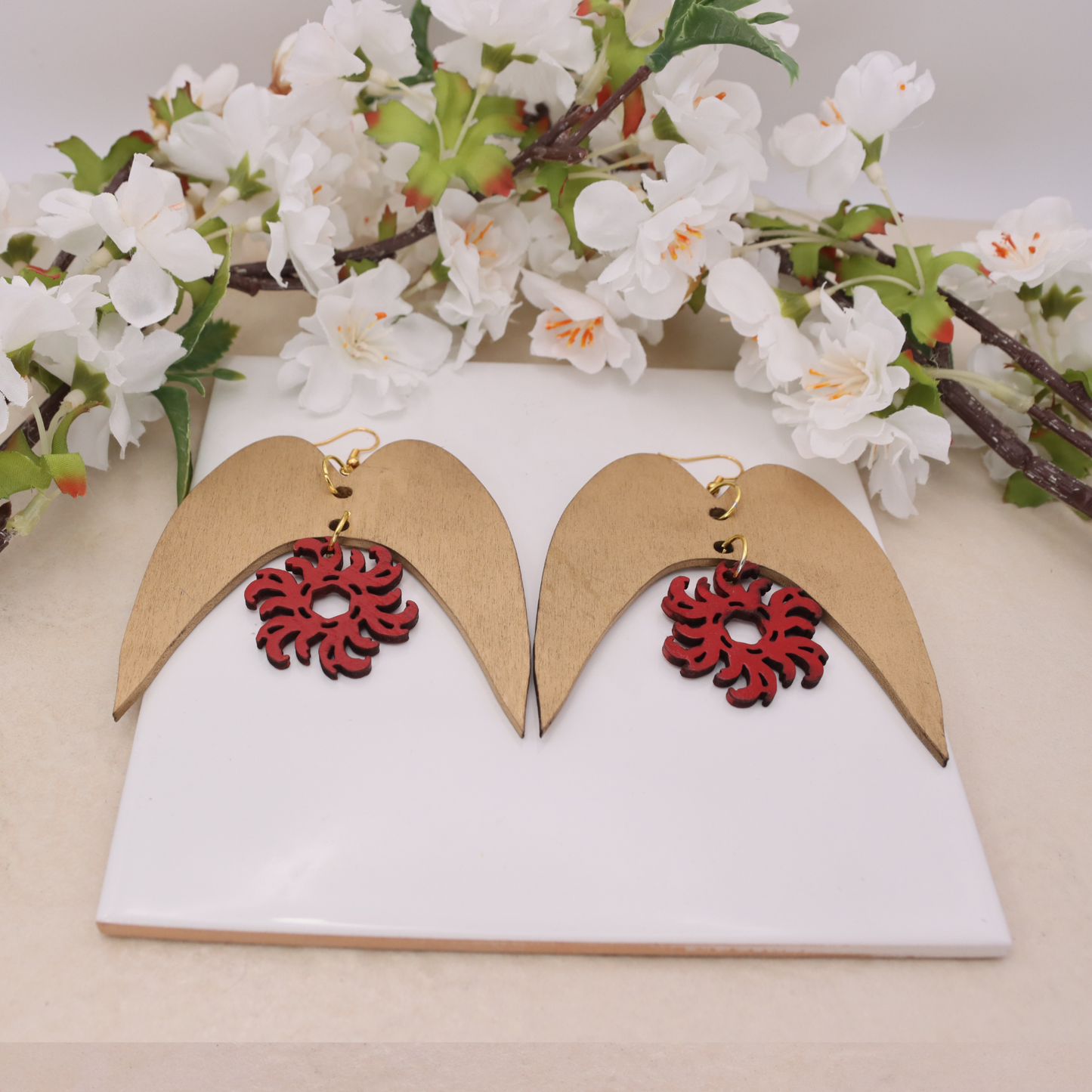 Solaris Arch Statement Earrings – Large Wooden Drop Earrings with Red Sun Design | Bold Luxury Jewellery
