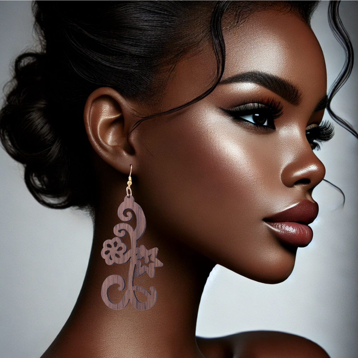 Elaborate pound sign wooden earrings - E125