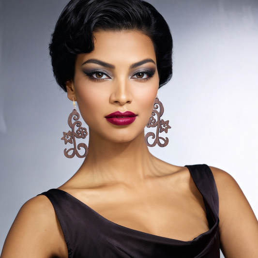 Elaborate pound sign wooden earrings - E125