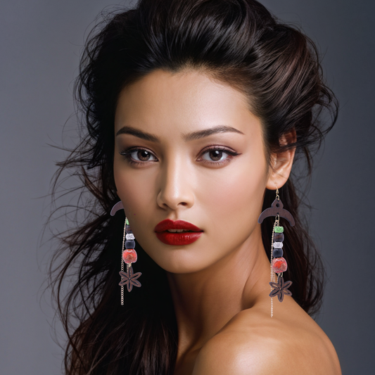Ultra-Glamorous Wooden, chain and beaded earrings - E341-2