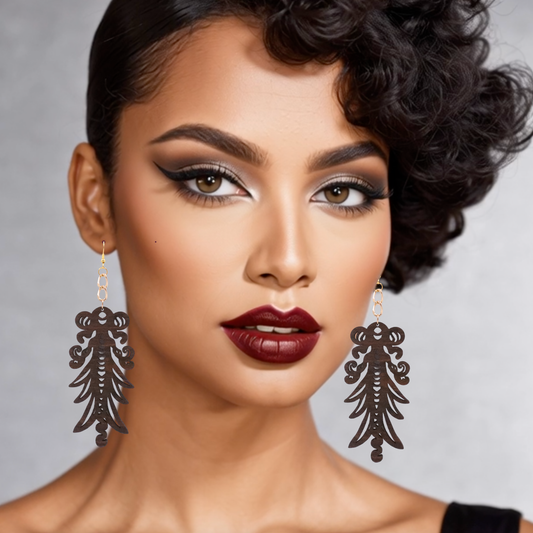 358–Power Angel – Ornate Wooden Statement Earrings