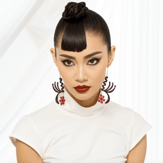 358–Phoenix Bloom – Winged Wooden Statement Earrings with Red Floral Drop