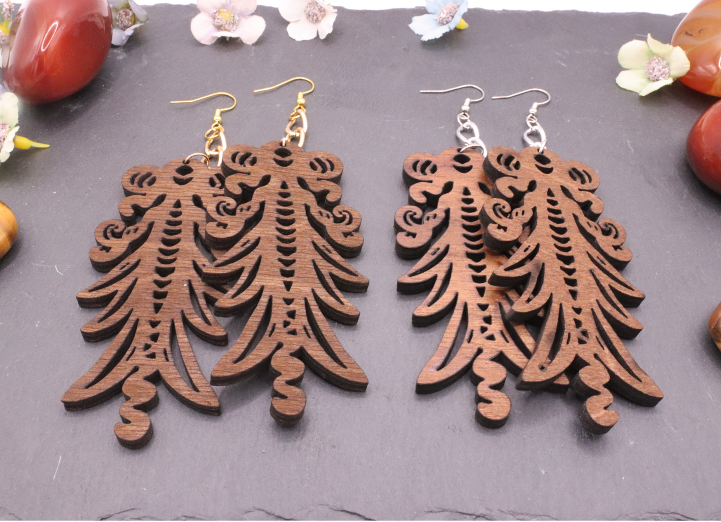 358–Power Angel – Ornate Wooden Statement Earrings