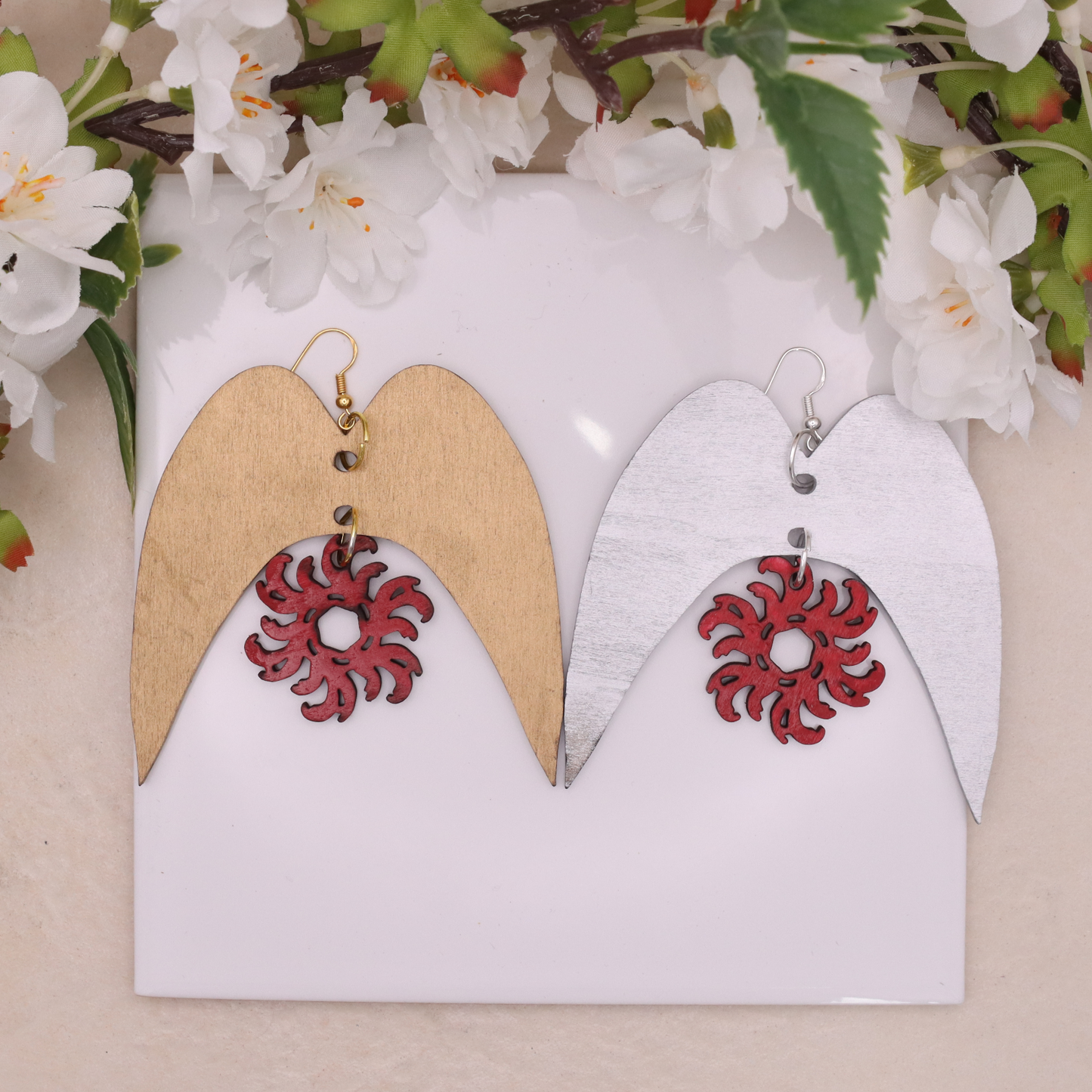 Solaris Arch Statement Earrings – Large Wooden Drop Earrings with Red Sun Design | Bold Luxury Jewellery