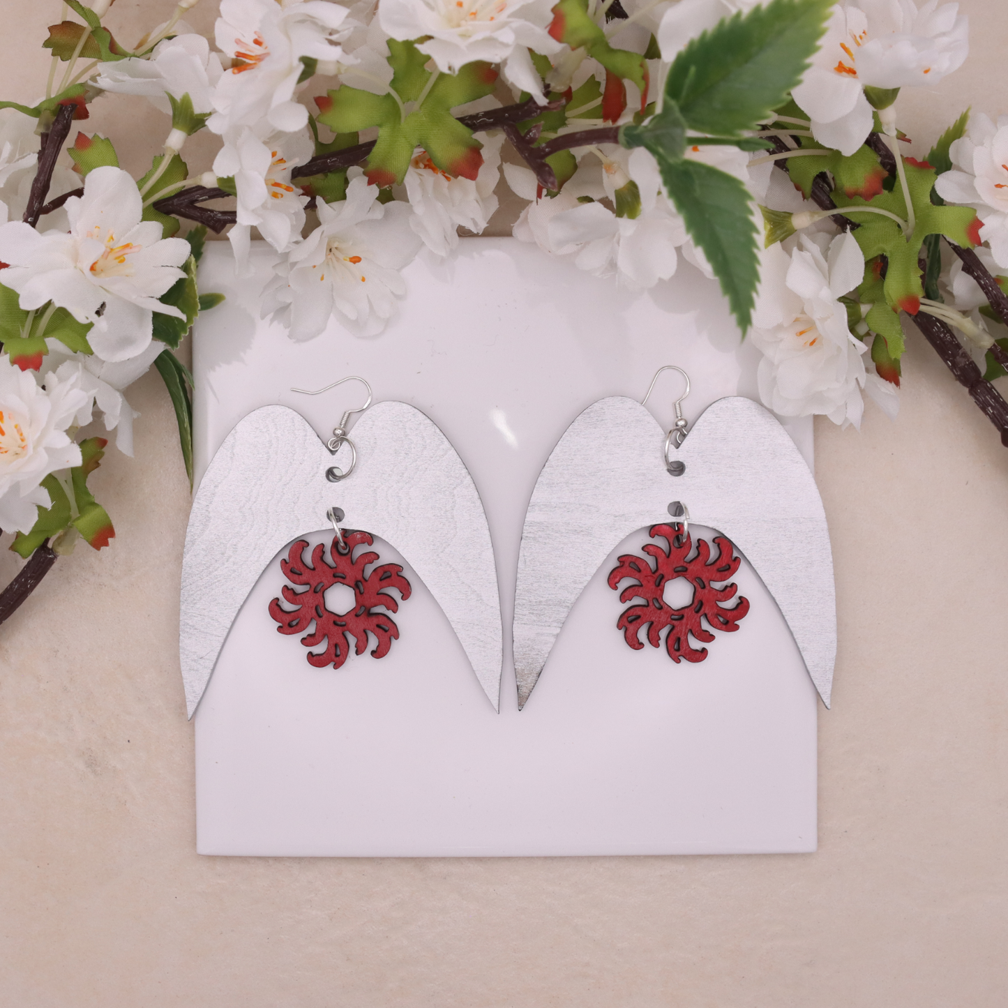 Solaris Arch Statement Earrings – Large Wooden Drop Earrings with Red Sun Design | Bold Luxury Jewellery