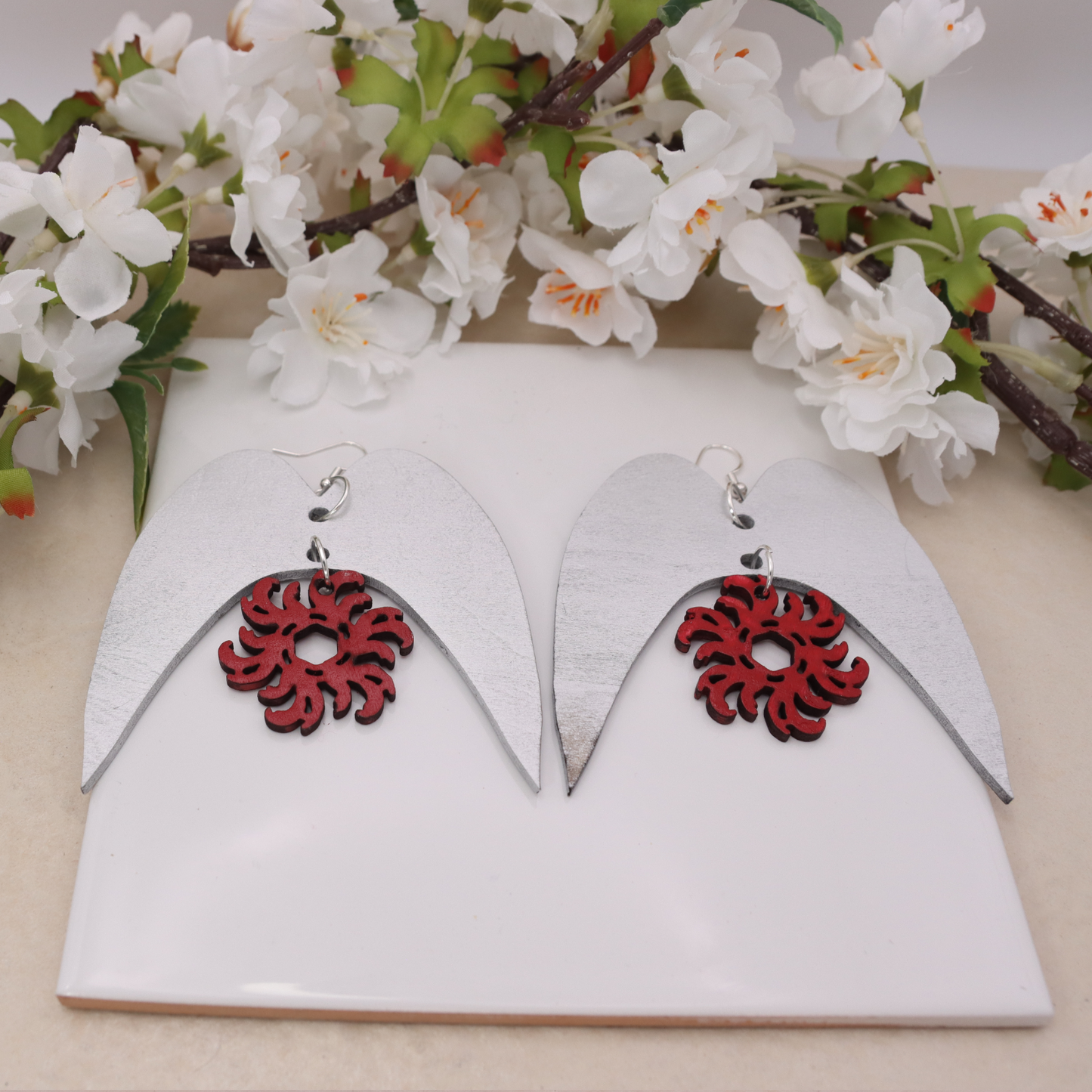 Solaris Arch Statement Earrings – Large Wooden Drop Earrings with Red Sun Design | Bold Luxury Jewellery