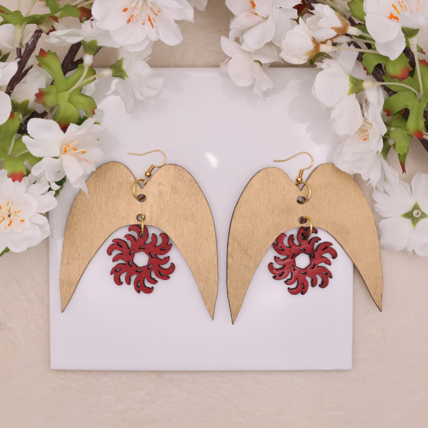 Solaris Arch Statement Earrings – Large Wooden Drop Earrings with Red Sun Design | Bold Luxury Jewellery