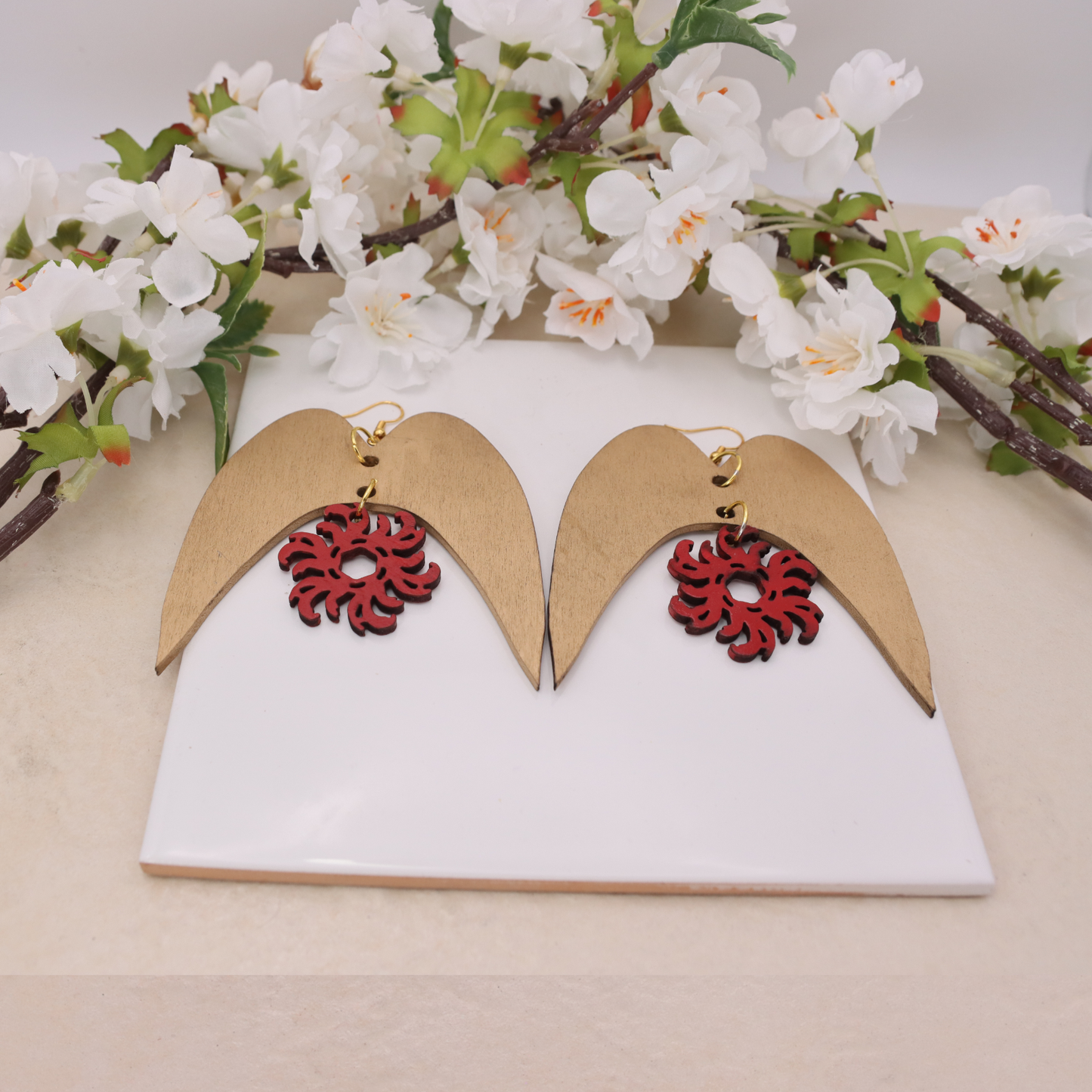 Solaris Arch Statement Earrings – Large Wooden Drop Earrings with Red Sun Design | Bold Luxury Jewellery