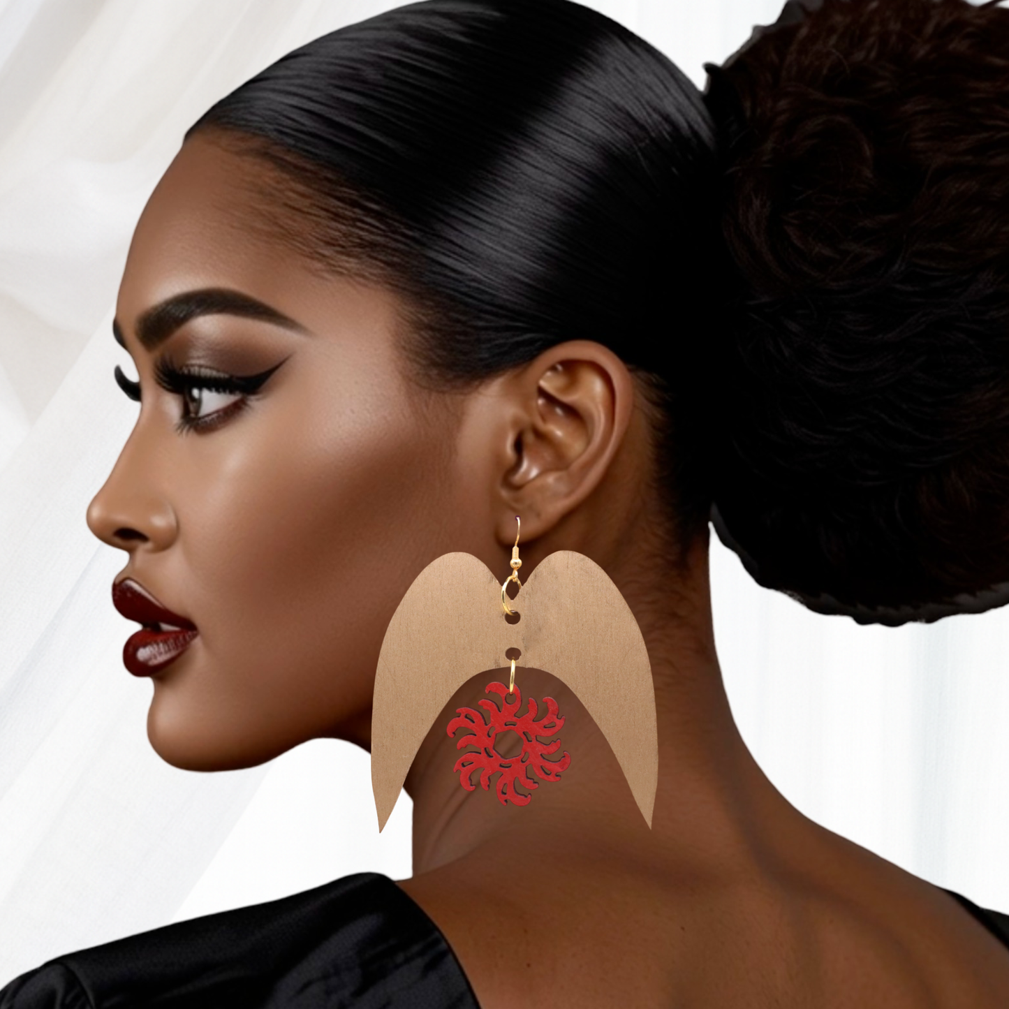 Solaris Arch Statement Earrings – Large Wooden Drop Earrings with Red Sun Design | Bold Luxury Jewellery