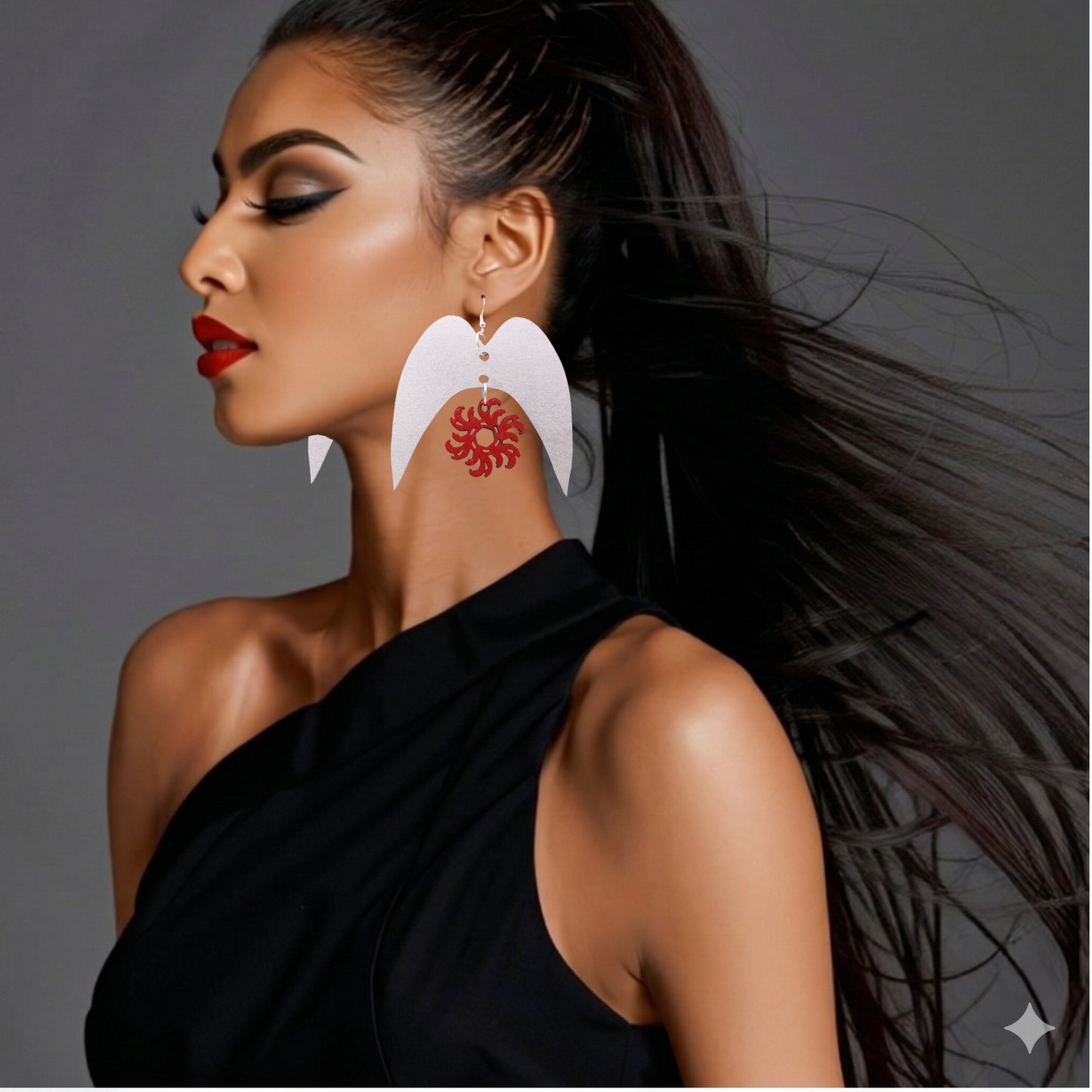 Solaris Arch Statement Earrings – Large Wooden Drop Earrings with Red Sun Design | Bold Luxury Jewellery